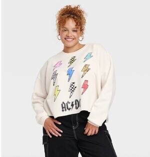 AC/DC Women's Cropped Lightning Bolt Cream Crew Neck Sweatshirt Plus Size 3X